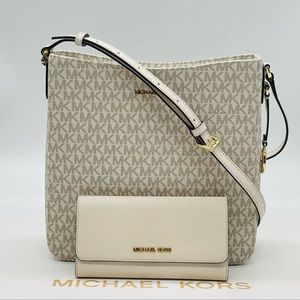Michael Kors Large Crossbody Messenger Bag & Trifold Wallet Leather Cream